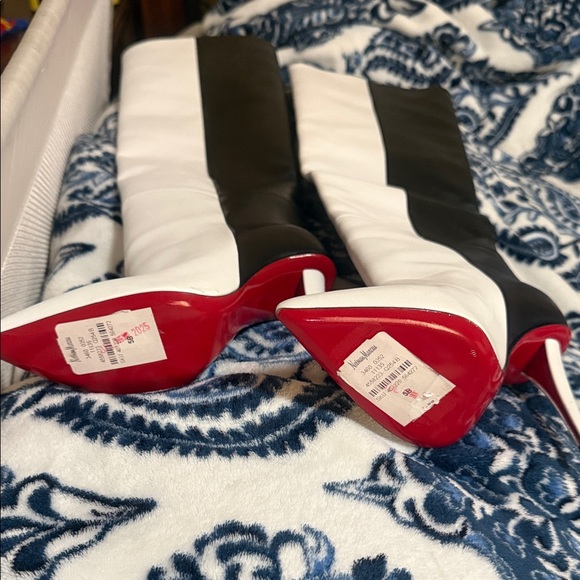 Christian Louboutin Black and White Over-the-Knee Pointed Stiletto Boots - Picture 3 of 3